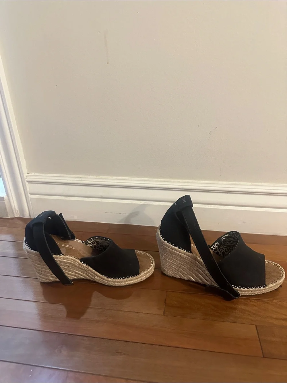 Toms Black Canvas Espadrille Wedge Sandals with Ankle Tie